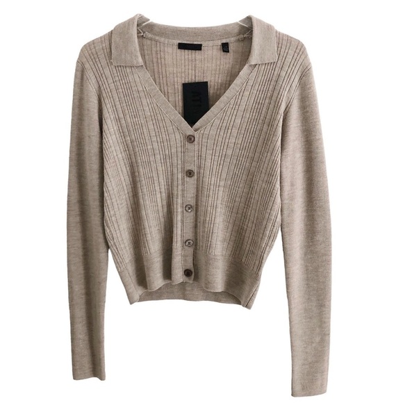 ATM Cardigan Ribbed Merino Wool Fitted Tan Large NWT - Picture 2 of 12